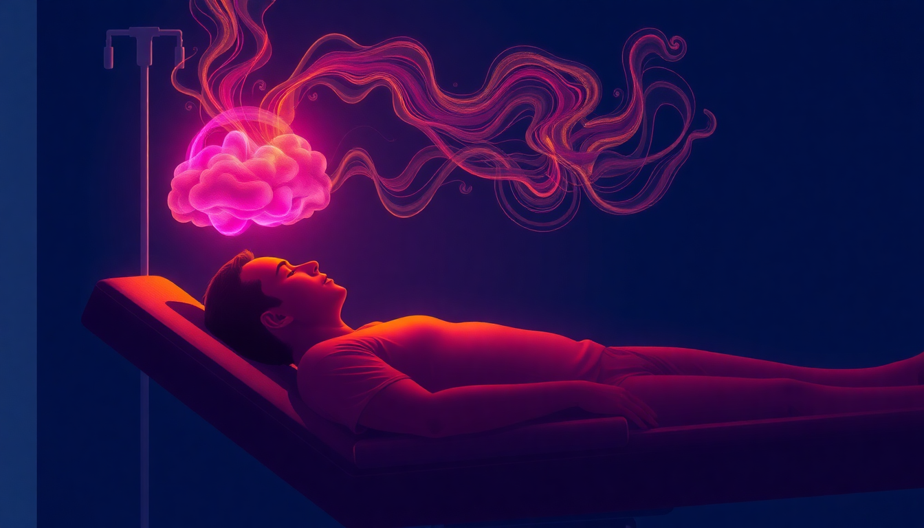 Koncepcyjna ilustracja sesji DMT: pacjent z wlewem dożylnym, z którego głowy emanują psychodeliczne fale światła rozpraszające ciemną chmurę depresji