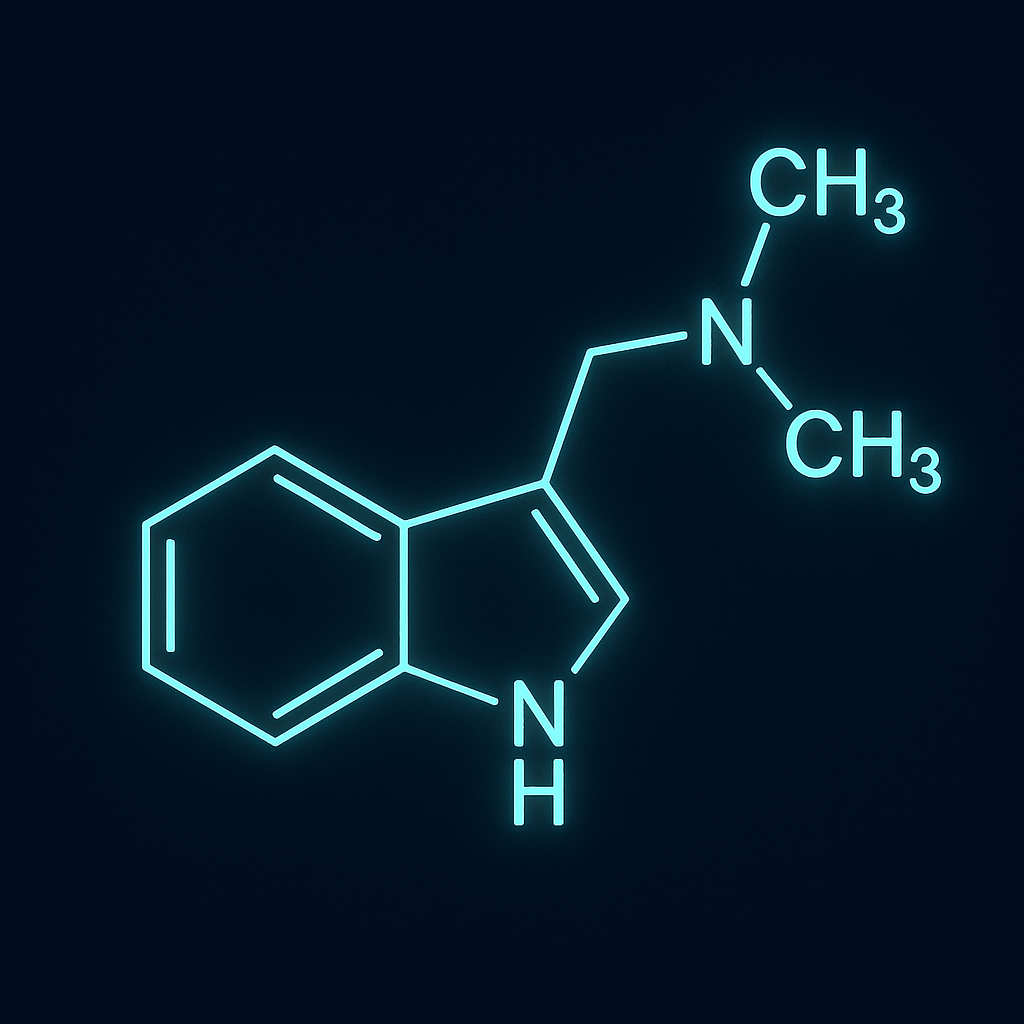Wzór strukturalny DMT (N,N-dimetylotryptaminy)