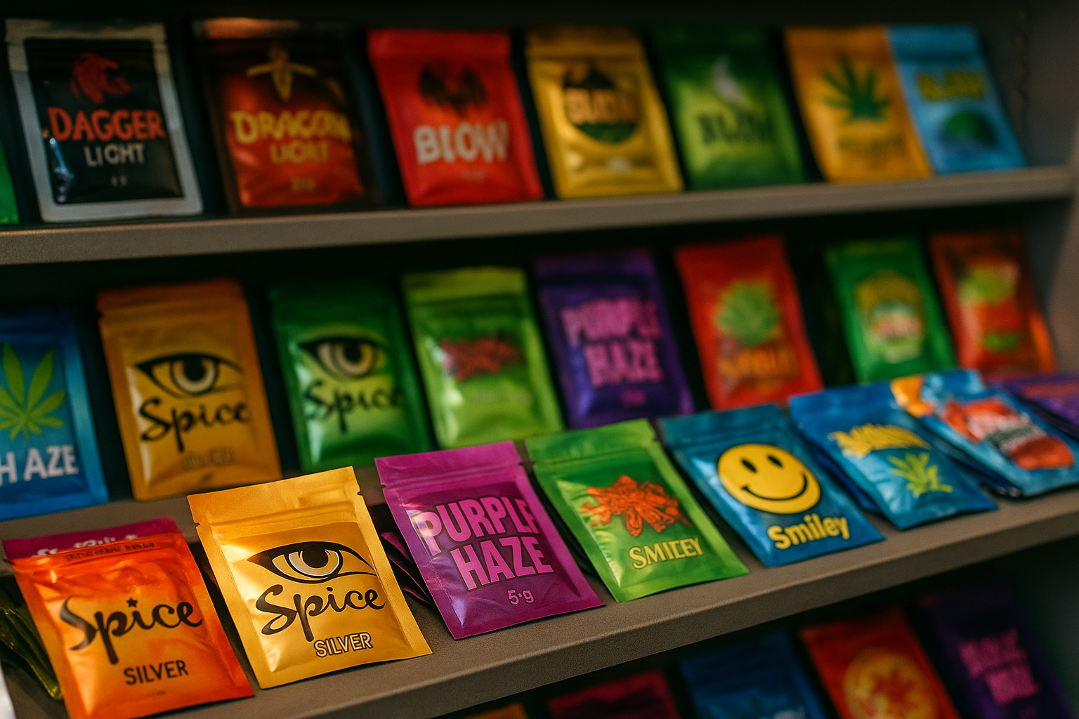 Opakowania dopalaczy na półce sklepowej — Spice, Purple Haze i inne marki