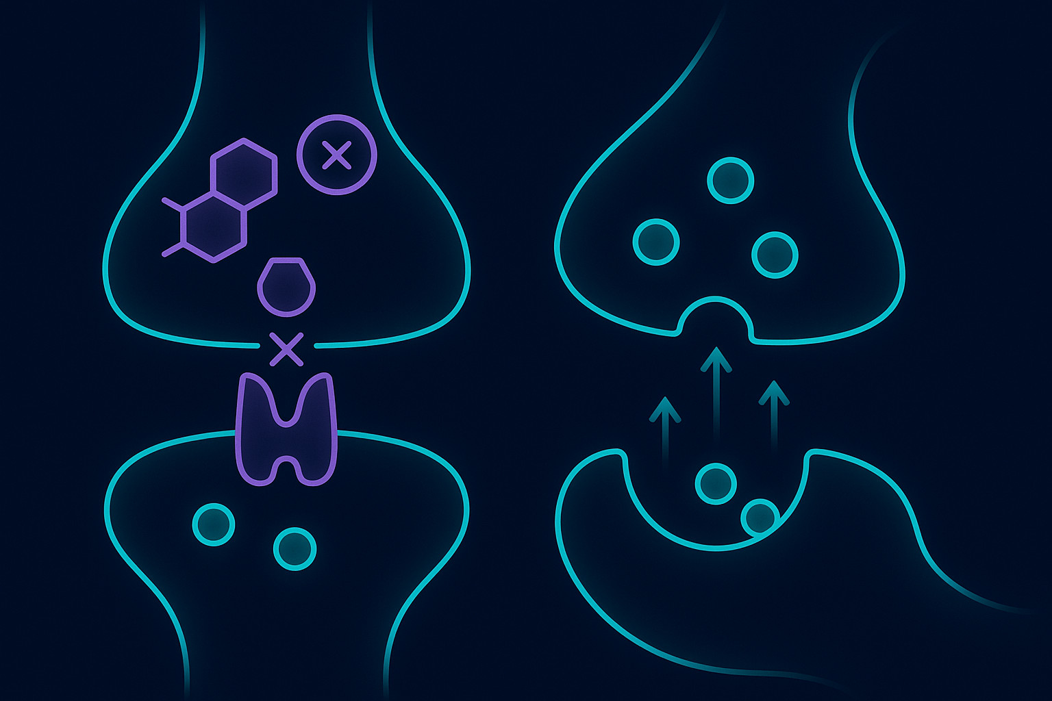 Schemat synapsy: po lewej transporter SERT zablokowany przez SSRI, po prawej normalny wyrzut serotoniny