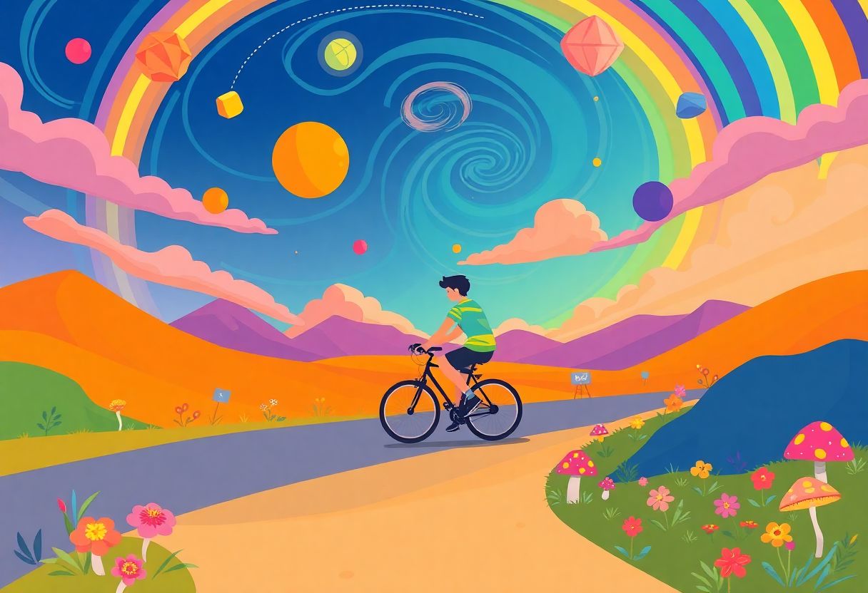 Ilustracja rowerzysty w surrealistycznym, psychodelicznym krajobrazie