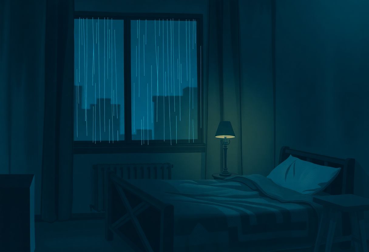 Ciemny pokój nocą, krople deszczu spływają po wysokim oknie, w kącie świeci pojedyncza lampka