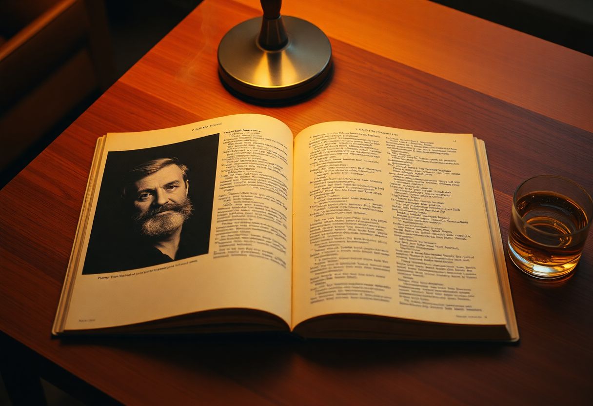 Otwarty numer Playboya z wywiadem z Timothym Learym na drewnianym stoliku, w świetle lampy