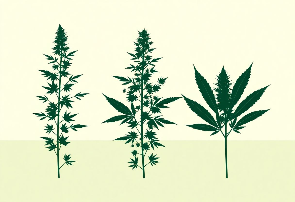 Sylwetki trzech typów roślin konopi: sativa, indica i hybryda