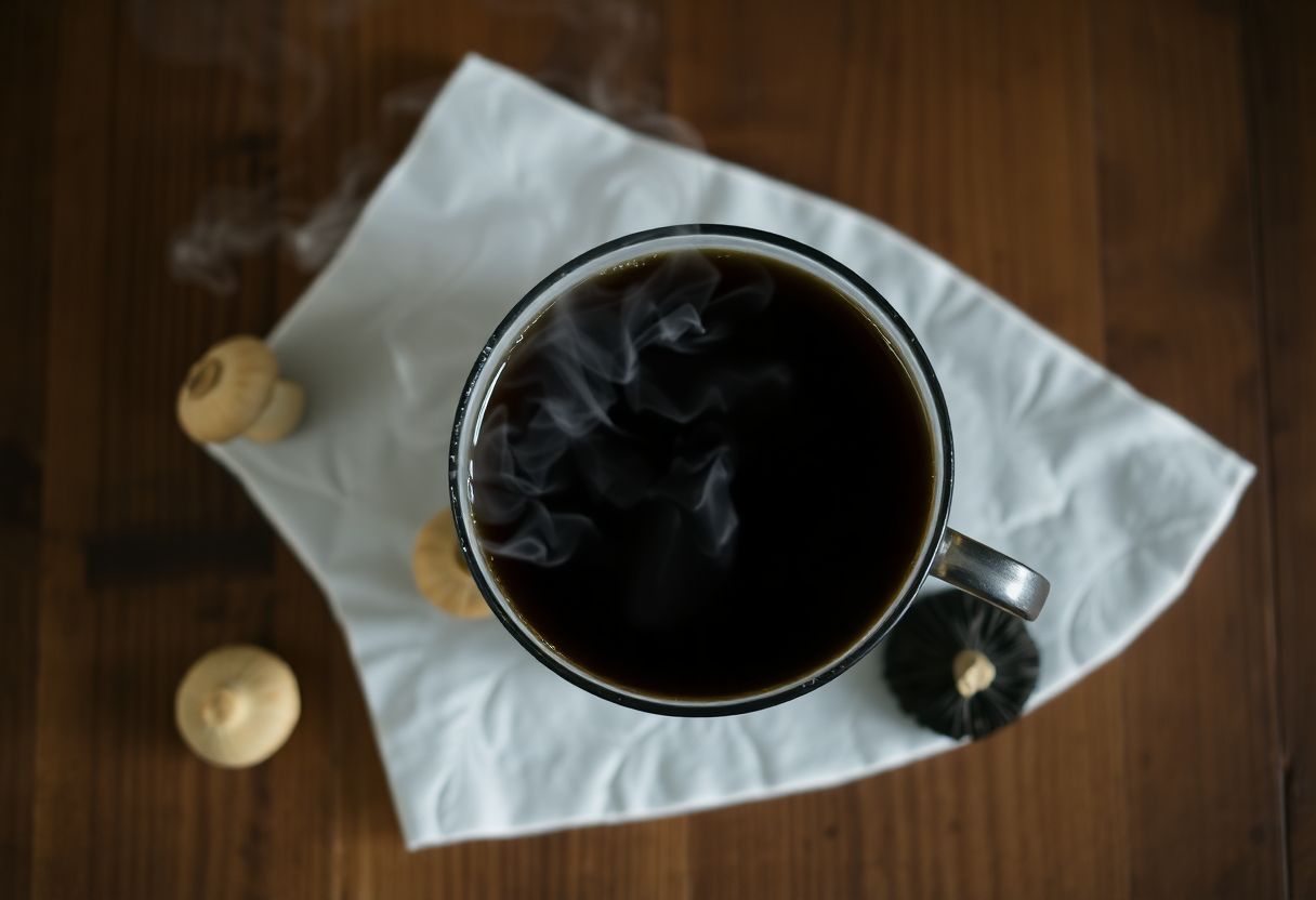 Kubek gorącego naparu grzybowego widziany z góry